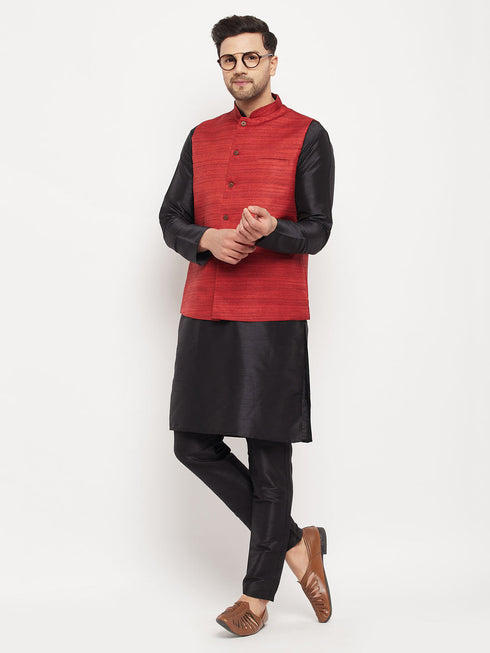 Vastramay Men's Maroon Matka Silk Nehru Jacket With Black Silk Blend Kurta and Pant style Pyjama Set
